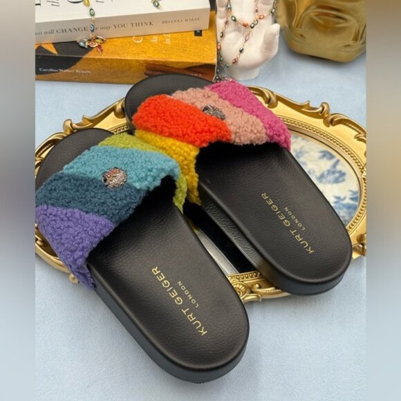 🆕 KURT GEIGER LONDON 🧿 NWOB Meena Teddy Slide, Rainbow Sherpa - Sz 38.5 US 8 - Picture 10 of 13